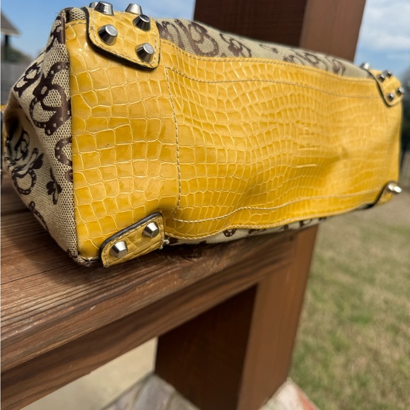 EUC Kathy Van Zeeland Vintage Yellow And Canvas Crown Pattern Shoulder Bag - Picture 10 of 13